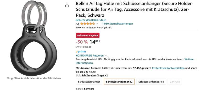 Belkin AirTag Hülle mit Schlüsselanhänger | 2er-Pack, Schwarz
