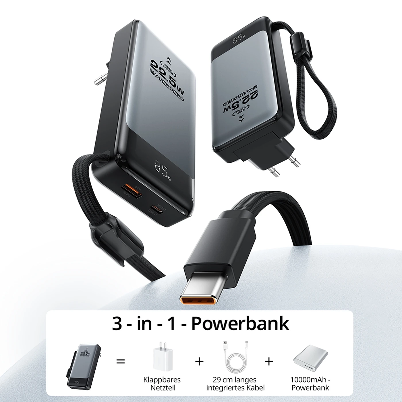 MOVESPEED 3-in-1 Powerbank | 10.000 mAh | 22,5W PD, klappbarer EU Stecker, integriertes USB-C Kabel, 2 Eingänge, 3 Ausgänge, Schnellladen