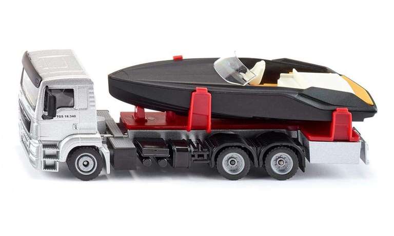 siku 2715, LKW mit Motorboot, 1:50, Metall/Kunststoff, Silber/Schwarz, Schwimmfähiges Spielzeugboot (Prime)