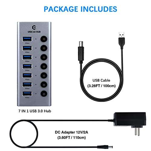 USB Hub, Tymyp Hub USB Splitter 3.0 7-Port Ultra Thin High Speed USB Adapter mit DC Adapter & 100CM USB Verlängerungskabel