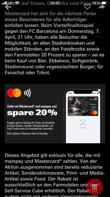 [Eintracht Frankfurt] Zahlung mit Mainpay/Mastercard 20% Rabatt auf Essen, Getränke und Fanartikel - EL Viertelfinale FC Barcelona - 7.4.