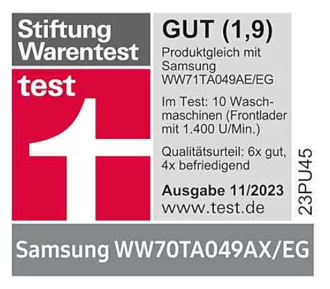 [Corporate Benefits] Samsung Waschmaschine WW70TA049AX/EG 7kg, 1400 U/min, Ecobubble, Hygiene-Dampfprogramm, FleckenIntensiv-Funktion