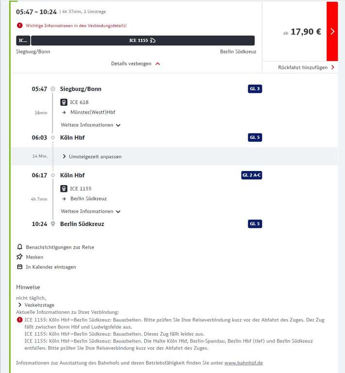 Deutsche Bahn Berlin-Bonn - offenes Ticket zum Sparpreis