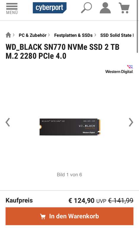[Lokal] WD_BLACK SN770 NVMe SSD 2 TB M.2 2280 PCIe 4.0 bei Abholung im Store