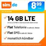 sim.de Drillisch Telefonica 14GB/8,99€ Allnet/SMS Flat monatl. kündbar 6€ Anschlussgebühr