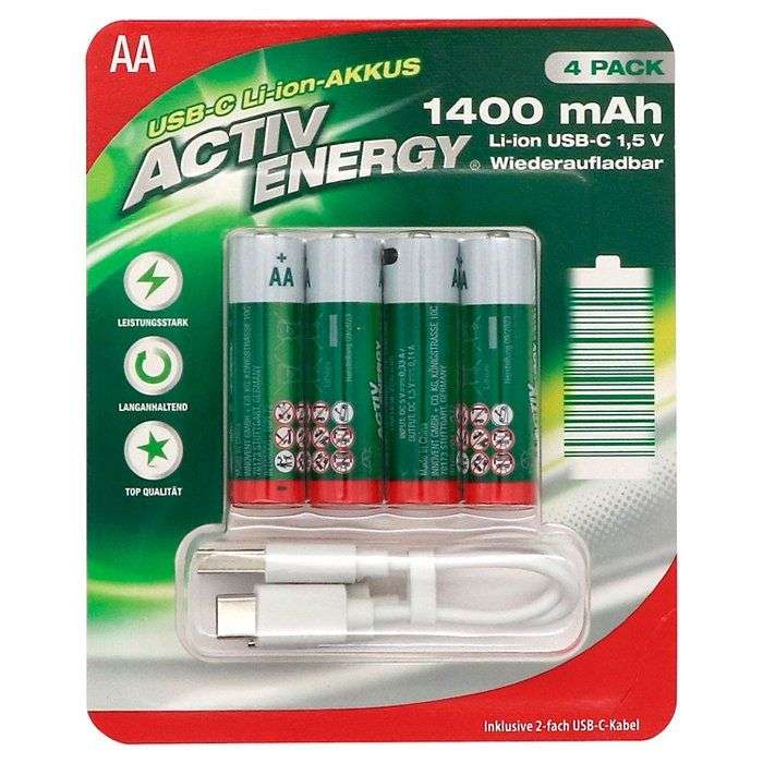 wiederaufladbare Batterien in der Größe AA oder AAA - ACTIV ENERGY USB-C-Li-Ion-Akku 1,5 V