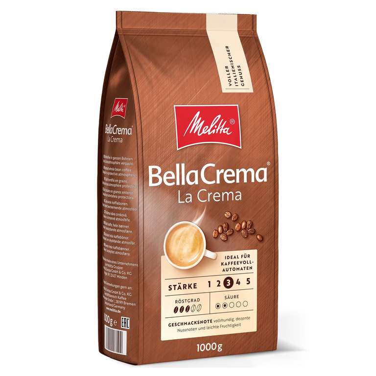 Melitta Ganze Kaffeebohnen, 100% Arabica, vollmundig & ausgewogen, Stärke 3, BellaCrema LaCrema, 1 kg [PRIME/Sparabo; für 8,49€ bei 5 Abos]
