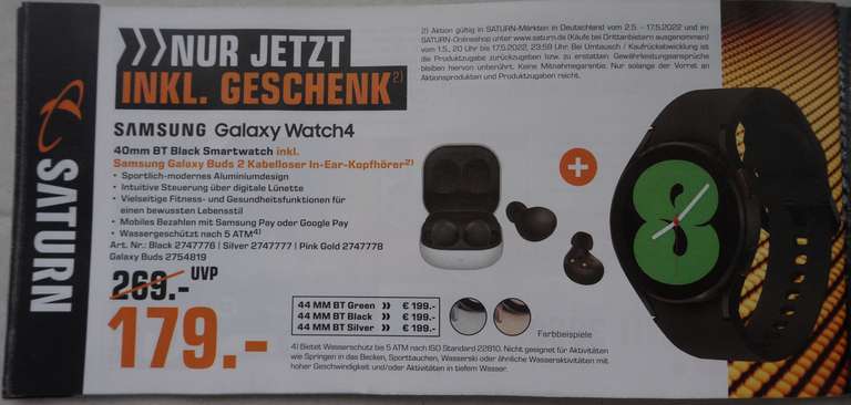 [Saturn] Gutscheinheft Samsung Galaxy Watch4 Watch 4 (40mm) + Buds 2 Kabelloser In-Ear-Kopfhörer 179€