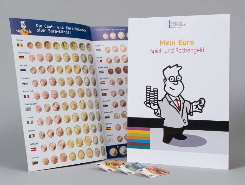 Mein Euro – Rechen- und Spielgeld in Münzen+Banknoten+Poster+Arbeitsblätter / Geld verstehen (Lehrbuch) | Die Geldexperten gratis bestellbar