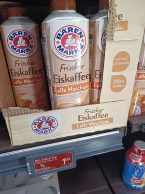 Globus in Wächtersbach/Hessen: 1 Liter Bärenmarke Latte Macchiato 'frischer Eiskaffee' , ca. 40 Stück, Kühlregal , MHD 24.04.24
