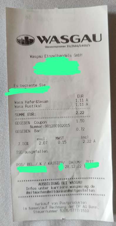 [Coupon, Wasgau, Offline] 2x Wasa Knäckebrot für 0,72 € bei Wasgau mit Coupon.