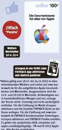 [Payback/Rewe] 20-fach auf Apple Geschenkkarten 25€, 50€, 100€/ ab 18.12.23