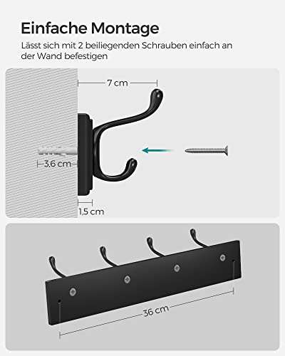 SONGMICS Garderobenleiste mit 4 Metallhaken | in Schwarz | max. Belastung 20 kg | 7 x 40 x 9 cm