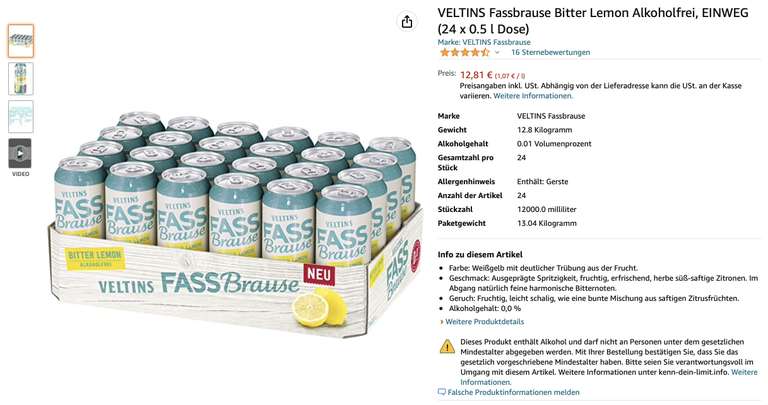 VELTINS Fassbrause Bitter Lemon 24x0,5 L alkoholfrei 12,81€ - 15,07€ zzgl. Pfand (Amazon Prime)