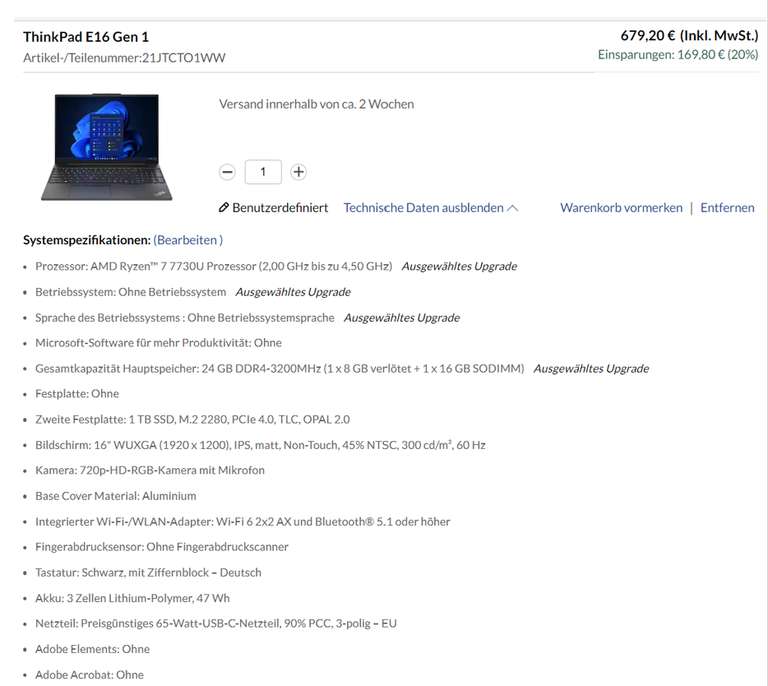 CB: ThinkPad E16 Gen 1: 16'' Bildschirm IPS, Ryzen 7 7730U, 24 GB RAM, 1 TB SSD