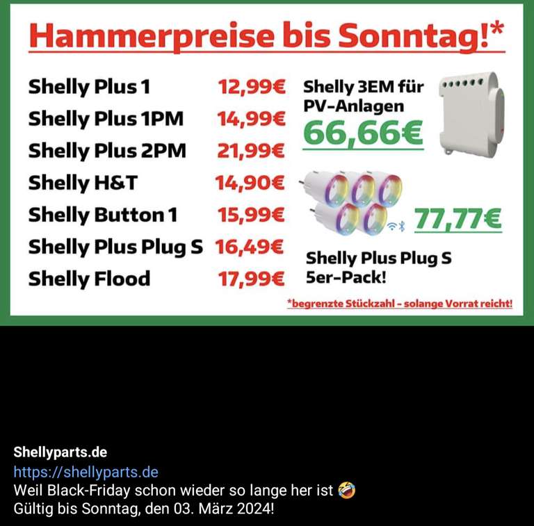 Rabatt Aktion bei shellyparts z.B. Shelly Plus 2PM für 25,79€ statt 26,49€ uvm.