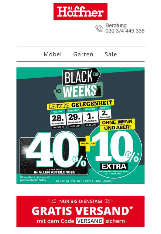 Höffner Black Weeks: 40% Rabatt + 10% mit Kundenkarte