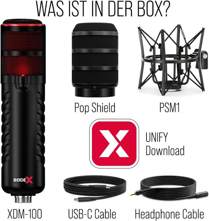 RØDE X XDM-100 Dynamisches USB-Mikrofon (USB-C, 24bit/48kHz, Niere, Revolution Preamps, Unify Software, inkl. Spinne & Popschutz)