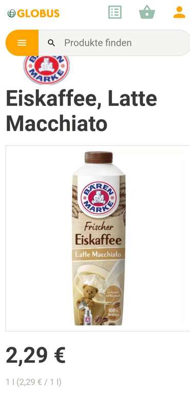 Globus in Wächtersbach/Hessen: 1 Liter Bärenmarke Latte Macchiato 'frischer Eiskaffee' , ca. 40 Stück, Kühlregal , MHD 24.04.24