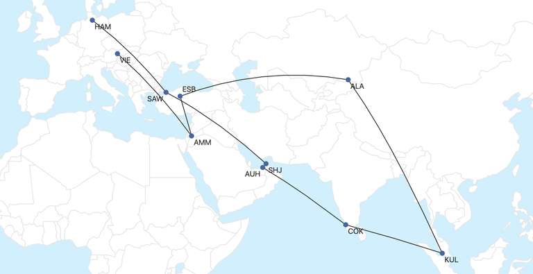 DE - Asien - AT Rundreise Billigflieger Abenteuer 8 Flüge & Länder - Flugreisen Inspiration Flüge Etihad Wizz Air Pegasus AirAsia Malindo