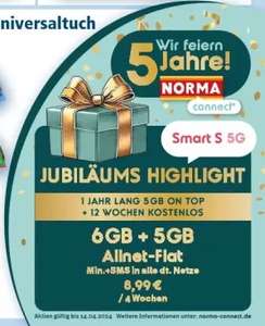 Telekom-Netz / norma-connect Smart S 5G / 1 Jahr lang 5GB on Top / 12 Wochen kostenlos
