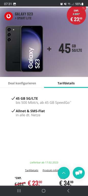 Samsung Galaxy S23 + Vodafone smart lite spezial