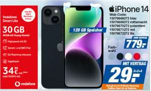 Lokal, Vodafone Netz GigaKombi: Apple iPhone 14 alle Farben im Allnet/SMS Flat 29,99€/Monat, 29€ Zuzahlung, 100€ Wechselbonus