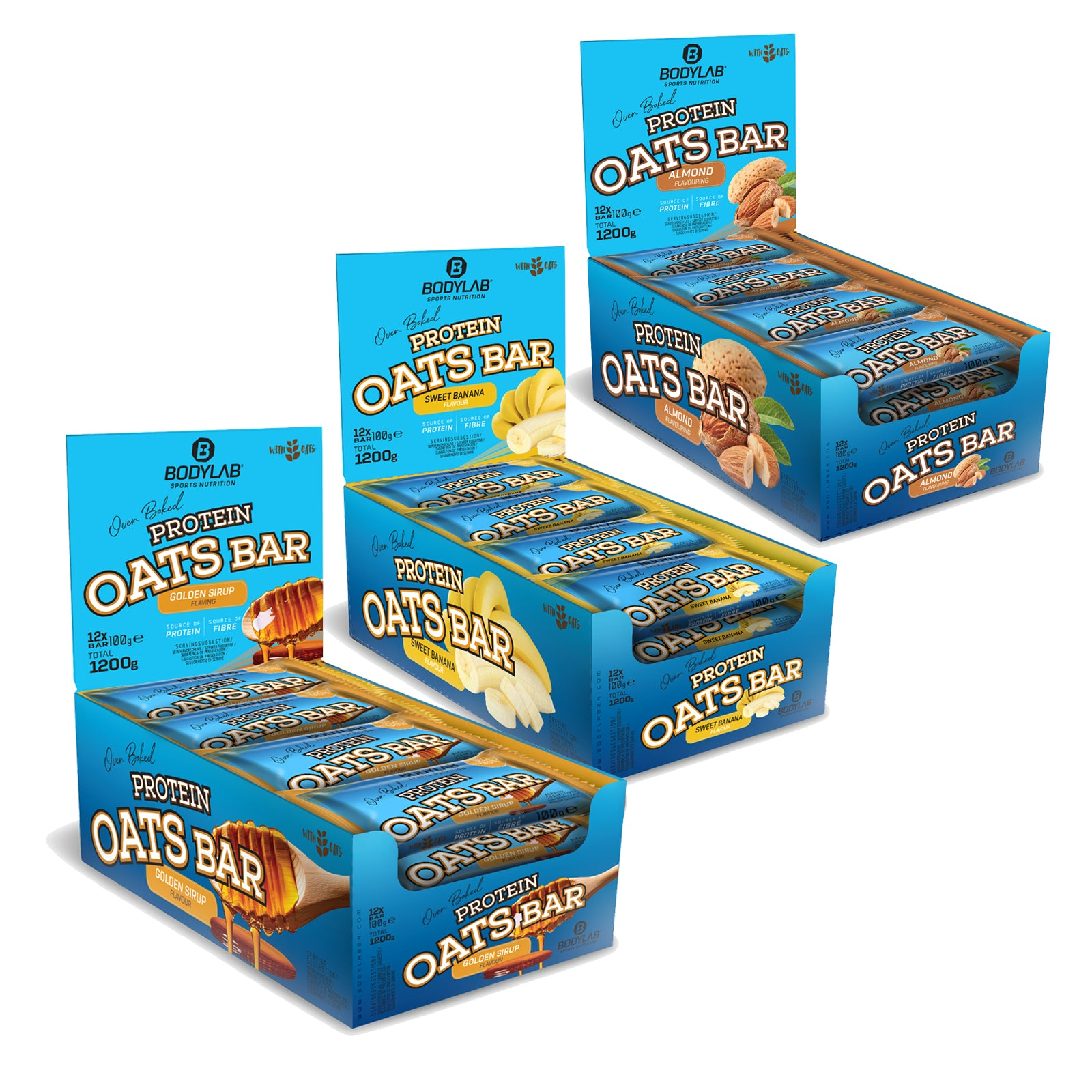 BODYLAB - Dreierpack Protein Oats Bar (3x12x100g) | ca. 1€/Riegel | American Brownie/Banane/Golden Syrup/Gesmischte Früchte/Mandel
