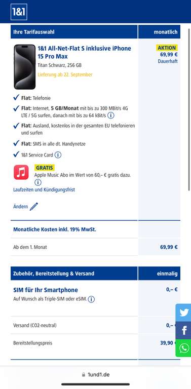 Apple iPhone 15 Pro Max mit 1&1 All-Net-Flat S (5 GB) ohne Zuzahlung