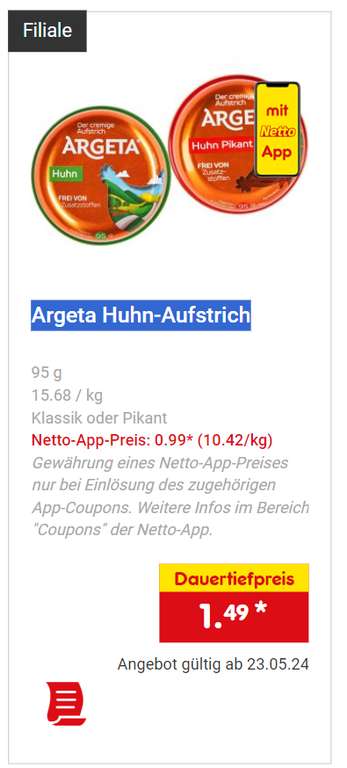 Argeta Huhn-Aufstrich - 99ct - mit der Netto-App - 'So günstig gab es die dieses Jahr noch nicht!?´