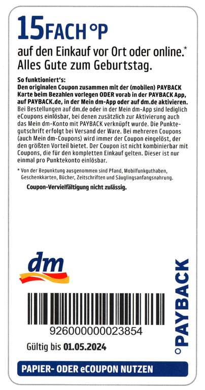 [DM | Payback] 15fach auf den Einkauf ab 2 € bis 01.05.