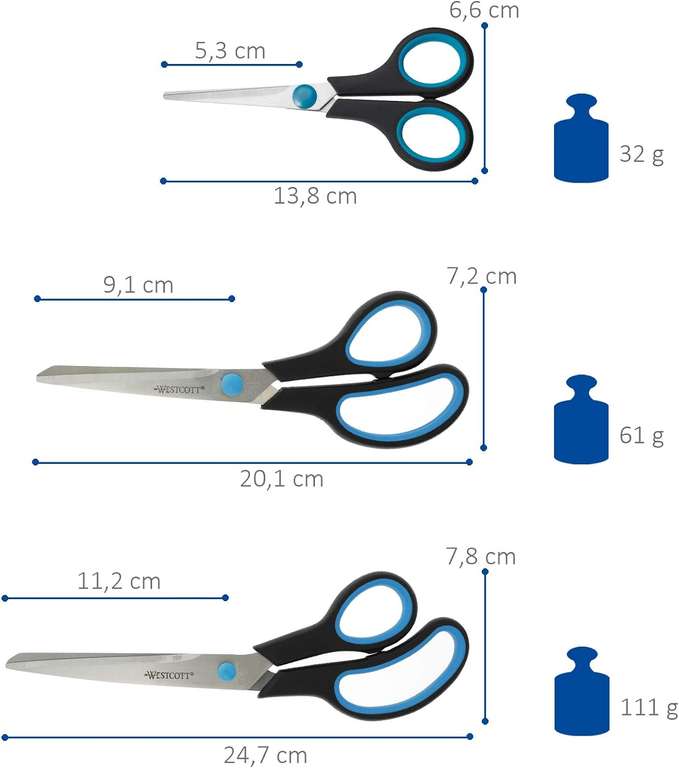 [Prime] Westcott N-90027 00 Easy Grip Scheren Set, 3 Stück, 13,8cm + 20,1cm + 24,8 cm, schwarz-blau