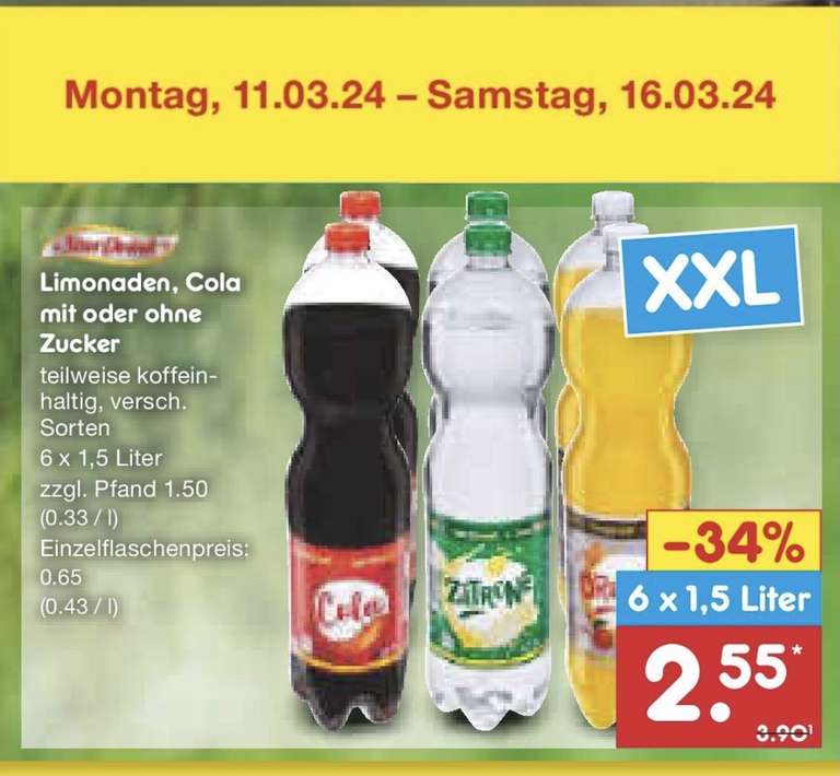 STARDRINK 6x 1,5l Cola od. Limo (42½ Cent/Fl.) in KW11/24 bei NETTO MD