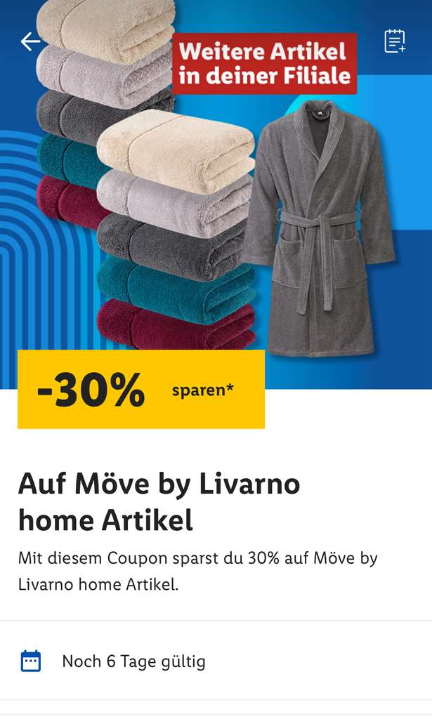 Lidl] 30% auf Möve Livarno | by und Baumwolle Handtücher, mydealz Bademäntel Duschtücher