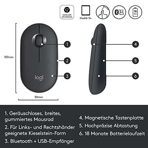 Logitech Maus M350 Pebble Bluetooth Mouse, 3 Tasten, 1000 dpi, Bluetooth, Graphite