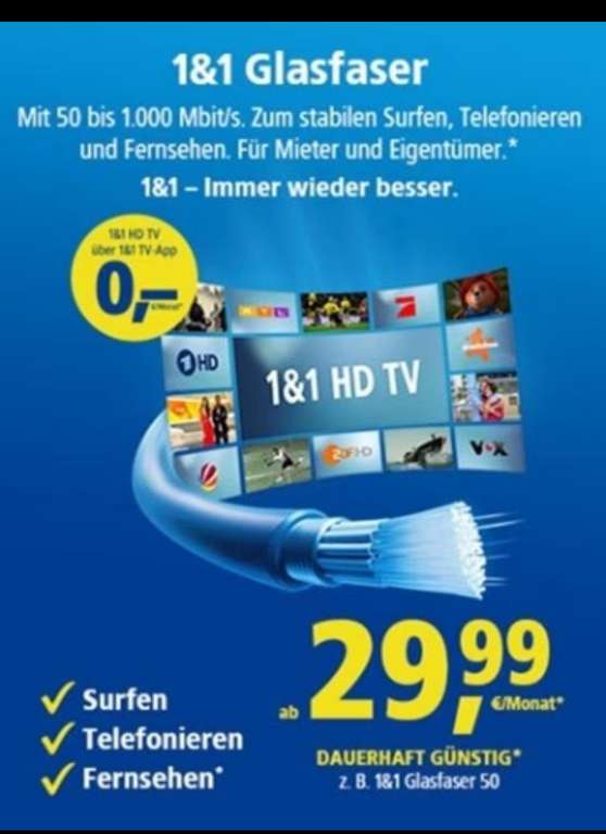 1&1 Glasfaser inklusive Fernsehen ! Ab 29,99€
