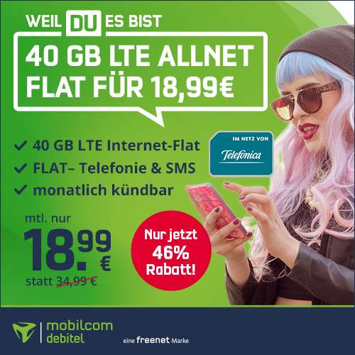 [mtl. kündbar SIM-Only] Telefonica green mit 40GB LTE Datenvolumen (225 Mbit/s) + Telefon- & SMS-Flat für 18,99€ monatlich + 9,99€ AG