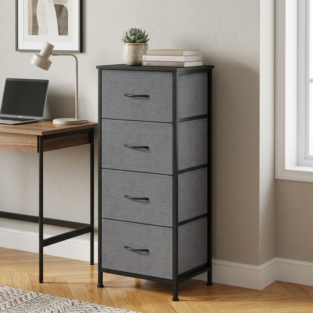 SONGMICS BELLAH Kommode mit 4 Schubladen | Stahl & MDF, 30kg Oberplatte, Kippschutz, 30x39,6x96,2 cm, Schiefergrau (prime)