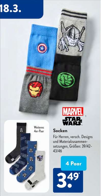 Socken 4er Paar Marvel oder Star Wars, Größe 39/42-43/46, Aldi Süd