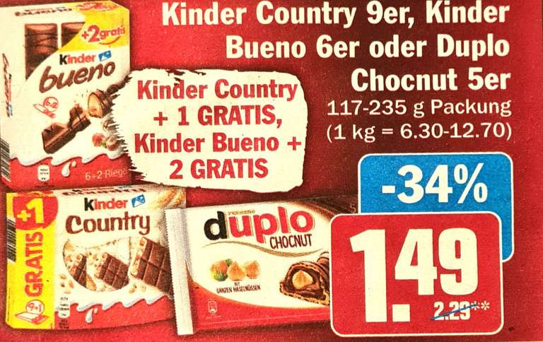 [Hit] Kinder Country 9er (+1), Kinder Bueno 6er (+2), Duplo Chocnut 5er 1,49 €