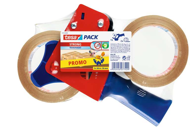 tesa Paketband-Abroller und tesapack Paketbänder im Set 2 x hochwertiges Packband inklusive 1 Abroller 66 m x 50 mm, PRIME