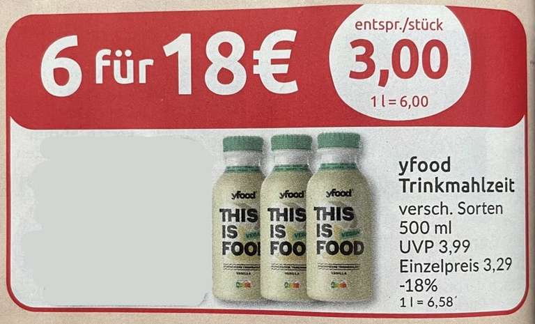yfood VEGAN Trinkmahlzeit 6x 500ml für 18€ BUDNI