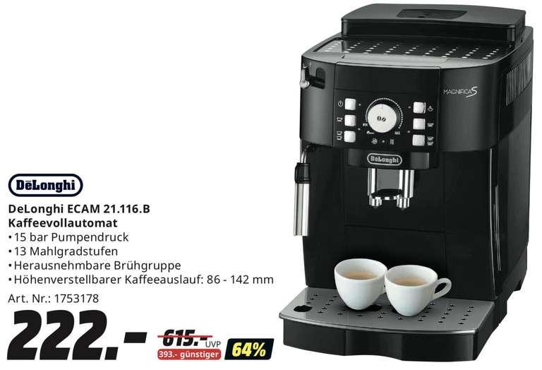 Lokal Media Markt Weiden: DELONGHI Magnifica S ECAM21.116.B Kaffeevollautomat für 222€