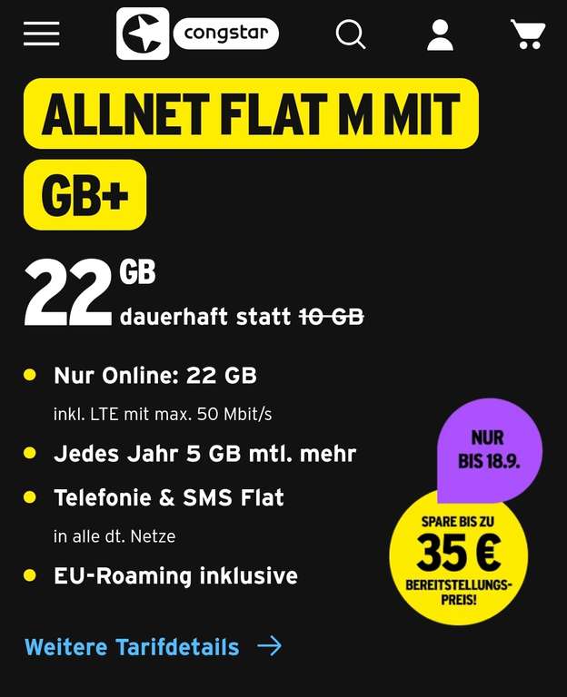 ALLNET FLAT M MIT GB+ 22 GB dauerhaft statt 10 GB für 22€ mtl. 24 Monate/ oder keine Laufzeit (Partnerkarte nur 13€ mtl.)