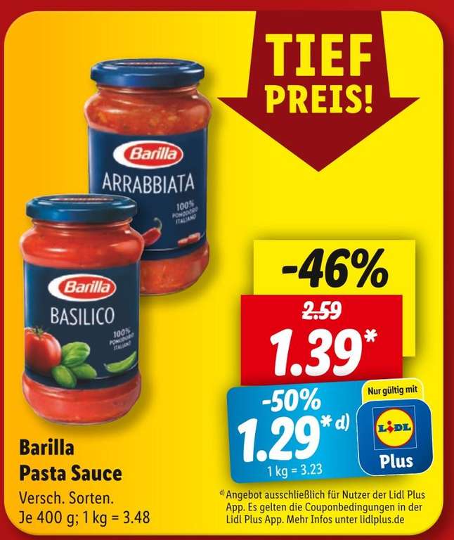 [LIDL] BARILLA PASTA SAUCE | je 400g | verschiedene Sorten für 1,29€ (LIDL plus) // verschiedene Sorten Pasta/Nudeln 1kg-Packung für 1,79€