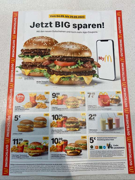 McDonald’s Gutscheine (gültig ab 4.9 bis 29.9)