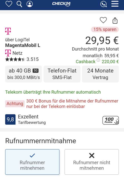 Telekom Netz MagentaEins, Sim Only Normalos: Allnet/SMS Flat Unlimited 5G Daten 24,95€/Monat (mit Check24 Gutschein 23,70€)