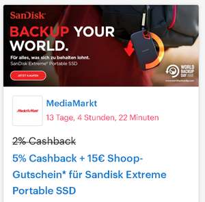 [Mediamarkt + Shoop] 5% Cashback + 15€ Shoop-Gutschein* für Sandisk Extreme Portable SSD, 1 TB