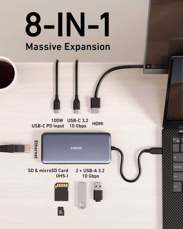 [CB] Anker 555 USB C Hub (8-in-1) - mit 4K @ 60Hz HDMI, USB-C 3.2, 100W/85W Power Delivery, 1 Gbps Ethernet