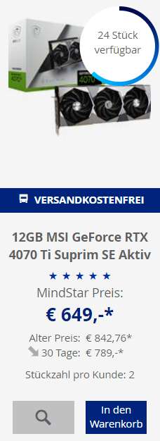 [Mindfactory] 12GB MSI GeForce RTX 4070 Ti Suprim SE Aktiv PCIe 4.0 x16
